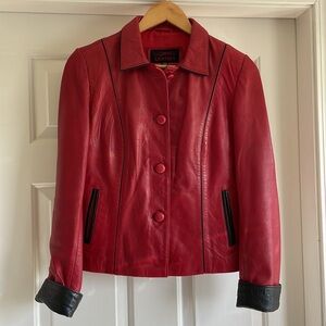 Women’s soft red leather bomber jacket